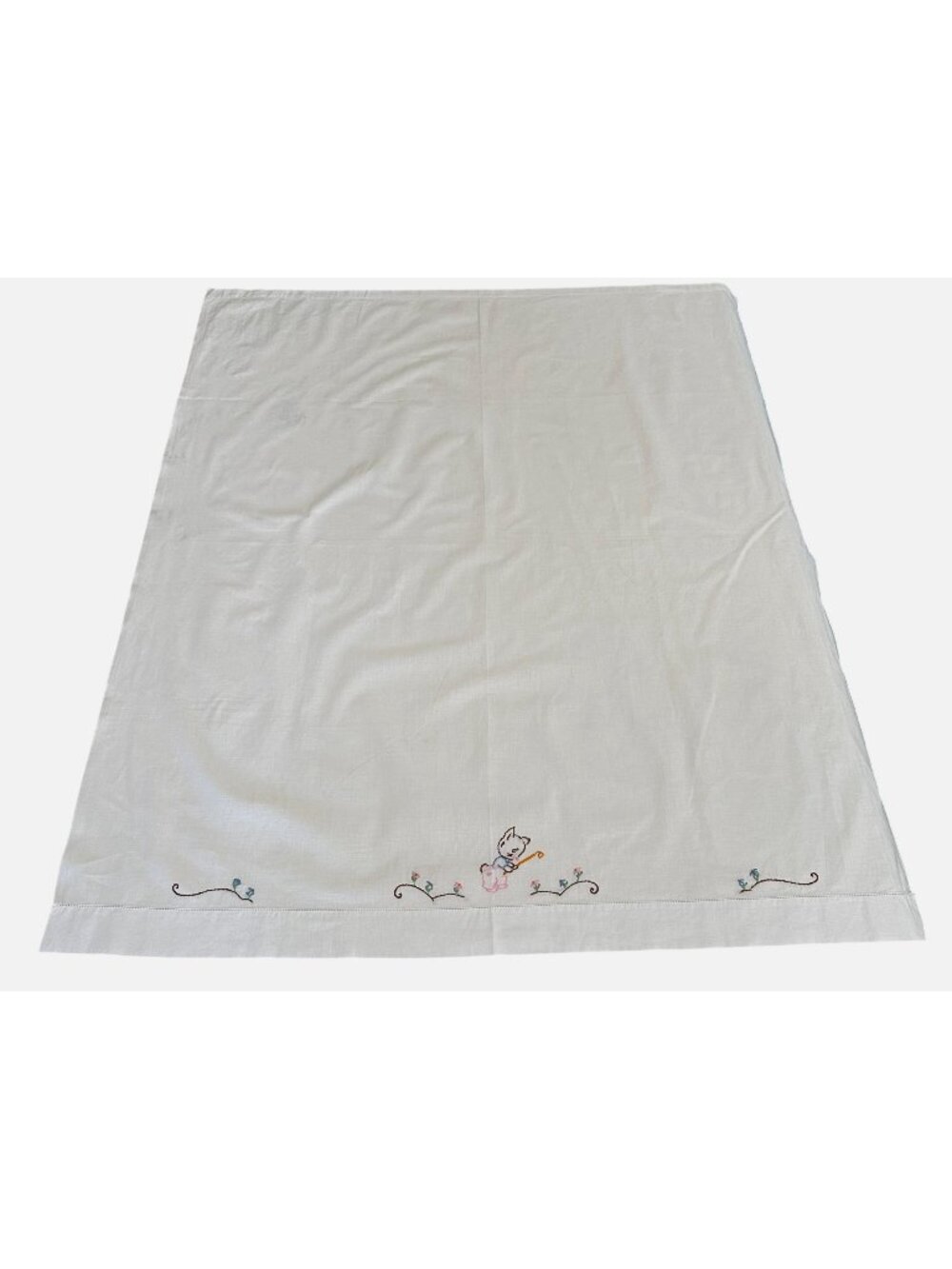 Vintage Hand Embroidered Kitty Cat Dresser Scarf Nursery Cover Child Room Linen